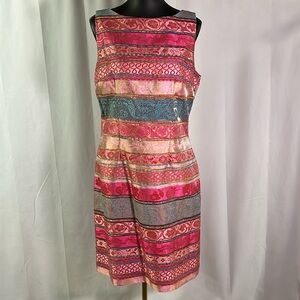 Chetta B Pink & Blue Shimmery Mixed Print Sleeveless Wide Neck Sheath Dress